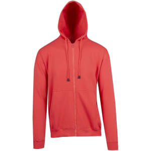 A red men's zip hoodie with a front pocket, featuring a drawstring hood and a simple design.