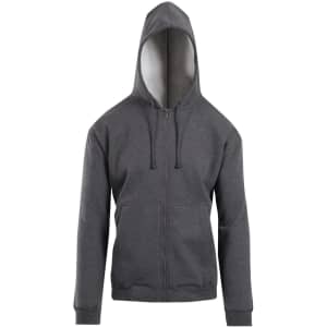 A grey zip hoodie with a pocket, featuring a hood and long sleeves. It has a logo on the front.