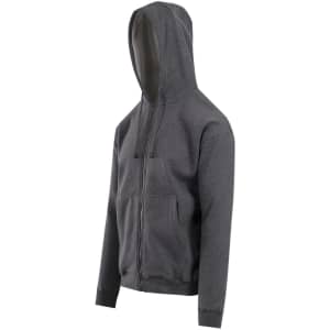 A grey zip hoodie with a pocket and a hood, featuring a simple design and a logo.