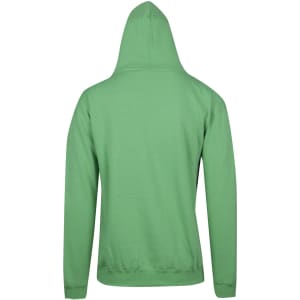 A green men's zip hoodie with a pocket, featuring a hood and a plain back design.