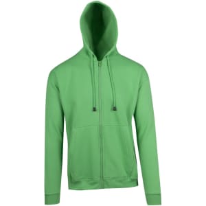 A green zip hoodie featuring a front pocket and a hood. The hoodie has a simple design and includes branding.