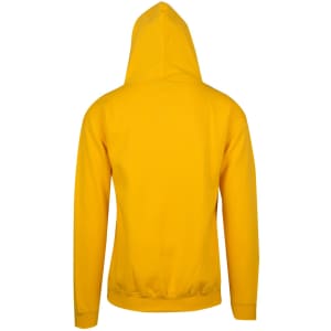 A yellow men's zip hoodie featuring a hood and a back pocket, with ribbed cuffs and hem.