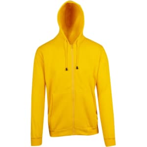A bright yellow men's zip hoodie with a front pocket and a hood, featuring a logo on the chest.