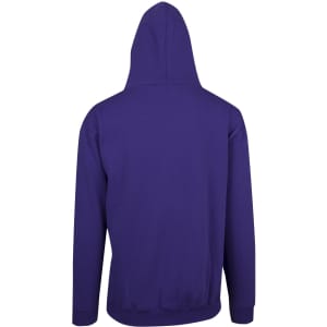 A purple men's zip hoodie with a pocket, featuring a hood and a plain back design.