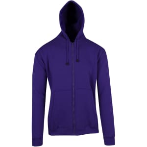 A purple men's zip hoodie featuring a hood and front pockets, with a logo on the front.