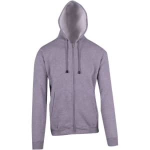 A grey men's zip hoodie with a pocket and a drawstring hood, featuring a logo.