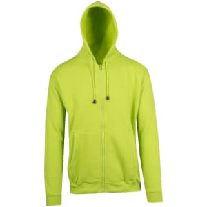 A bright green zip hoodie featuring a front pocket and a hood, complete with drawstrings and a logo.