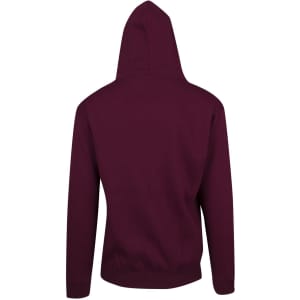 A maroon men's zip hoodie with a pocket and a hood, featuring a logo on the front.