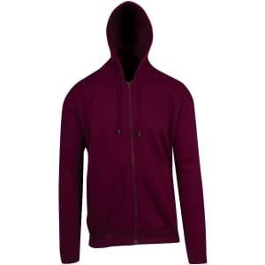 A maroon zip hoodie with a pocket and a hood, featuring a logo on the front.