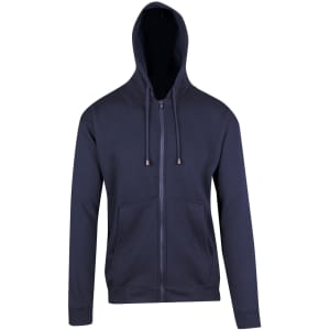 A navy men's zip hoodie featuring a front pocket and drawstring hood, with a logo on the chest.