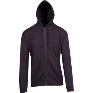 A dark grey zip hoodie with a front pocket and a hood, featuring a logo on the side.