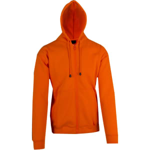 An orange zip hoodie with a pocket and a hood, featuring a logo on the sleeve.