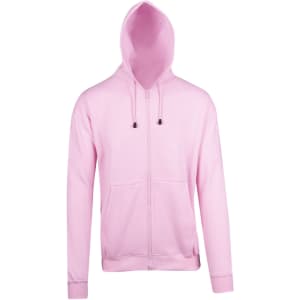 A pink zip hoodie with a front pocket and drawstring hood. Features branding on the garment.