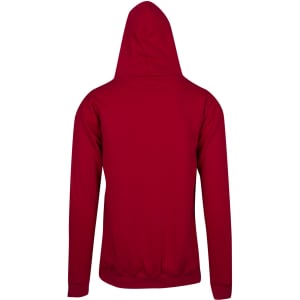 A red men's zip hoodie featuring a hood and a pocket, with a simple design and no visible branding.