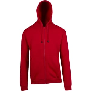 A red zip hoodie with a pocket and a hood, featuring a logo.