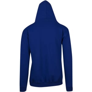 A blue men's zip hoodie featuring a pocket and a hood, shown from the back.