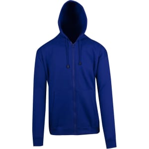 A blue men's zip hoodie featuring a pocket and a hood, with drawstrings and a simple design.