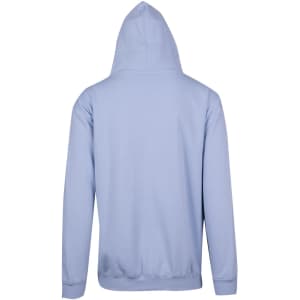 A light blue men's zip hoodie with a pocket, featuring a hood and a ribbed hem at the back.