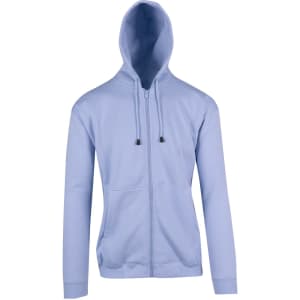 A light blue zip hoodie with a pocket and drawstring hood, featuring branding on the front.