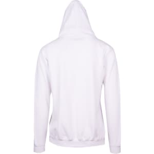 A white men's zip hoodie with a pocket, featuring a plain back view and a hood.