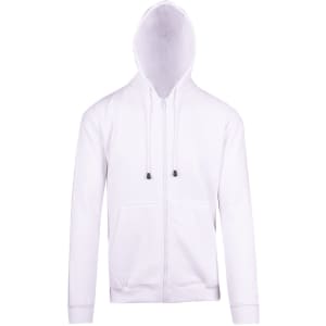 A white zip hoodie with a pocket and a hood, featuring a simple design and no visible branding.