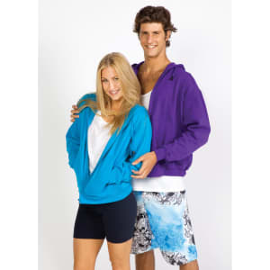 A blue hoodie and a purple hoodie worn by a man and a woman, both smiling against a plain background.
