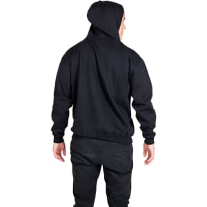 A black men's zip hoodie with a pocket, featuring a hood and a simple design, shown from the back.