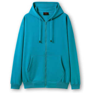 A teal zip hoodie featuring a front pocket and a hood, with drawstrings and a logo.