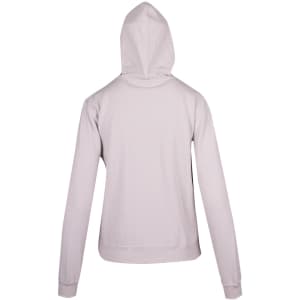 A light grey men's zip hoodie featuring a hood and a back view with a pocket. It has a plain design.