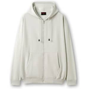 A white zipper hoodie with a pocket and a logo, featuring an adjustable hood and relaxed fit.