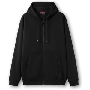 A black men's zip hoodie featuring a front pocket and a hood. The hoodie has a logo.