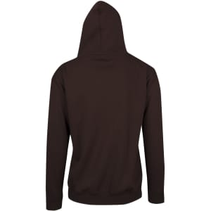 A dark brown men's zip hoodie with a pocket, featuring a hood and a simple back design.