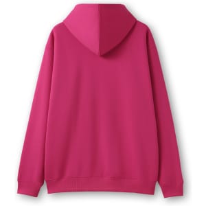 A pink men's zip hoodie with a pocket, featuring a hood and long sleeves, displayed from the back.