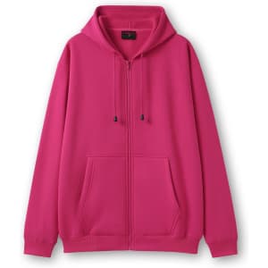 A pink women's juniors zipper hoodie with a front pocket and an adjustable hood. It features a logo.