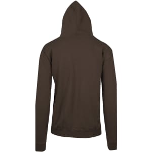 A men's zip hoodie in a dark olive green colour, featuring a back view with a hood. It has a logo on the garment.