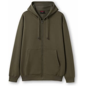 A green women's juniors zipper hoodie with a front pocket and a drawstring hood. It features a logo.