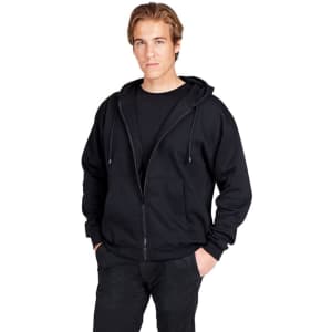A black zip hoodie with a front pocket, worn by a male model against a plain background.