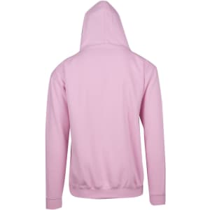 A pink men's zip hoodie with a pocket, featuring a simple design and a hood. The back view is shown.