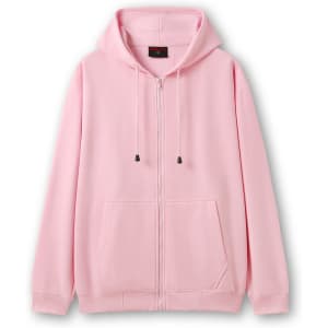 A pink zipper hoodie for women/juniors featuring a front pocket and a hood. It has a logo on the label.