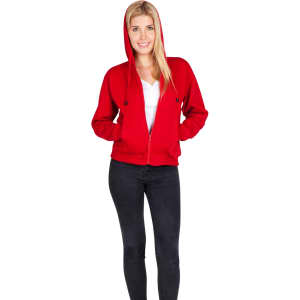 A red zipper hoodie with a pocket, featuring a drawstring hood, worn by a model.