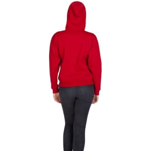 A red women's zipper hoodie with pockets, featuring a drawstring hood, modelled by a woman in fitted jeans.