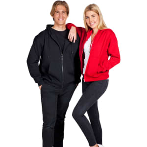 A red women's/juniors hoodie with a pocket, featuring a hood, showcased from the back.