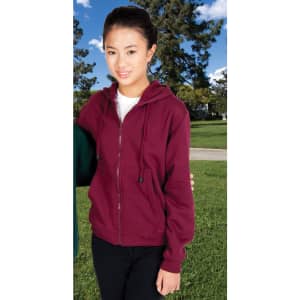 A black zipped hoodie worn by a male model and a red zipped hoodie worn by a female model, both with pockets.