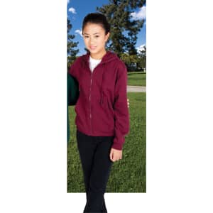 A maroon zippered hoodie with a pocket, worn by a young woman against a sunny outdoor backdrop.