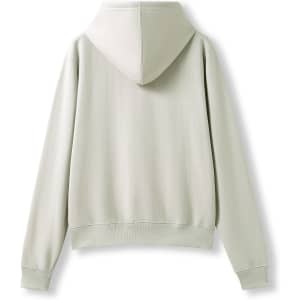 A light grey women's/juniors zipper hoodie with a hood and long sleeves, featuring a pocket at the front.