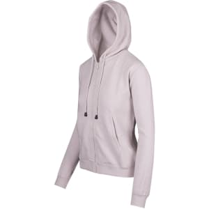 A light grey women's zippered hoodie with a pocket and drawstring hood, featuring a small logo.