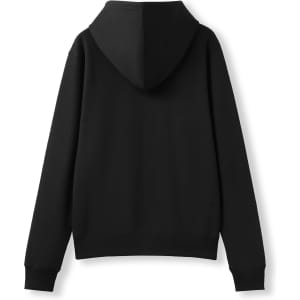 A black women's juniors zipper hoodie with a pocket, featured from the back view.