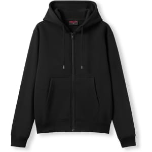 A black women's juniors zip-up hoodie featuring a pocket and a hood, with a branding logo.