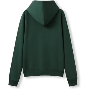 A green women's juniors zipper hoodie with a pocket, featuring a hood and a snug fit.