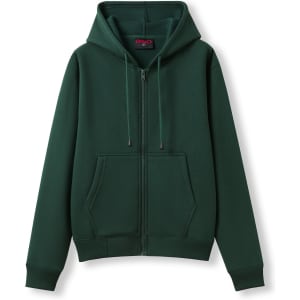 A dark green zipper hoodie with a pocket and a hood, featuring a logo on the front.